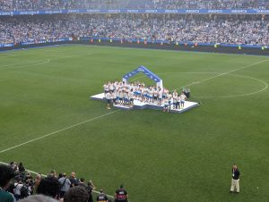 Escenario en la fiesta de Riazor tras el Dépor-Las Palmas